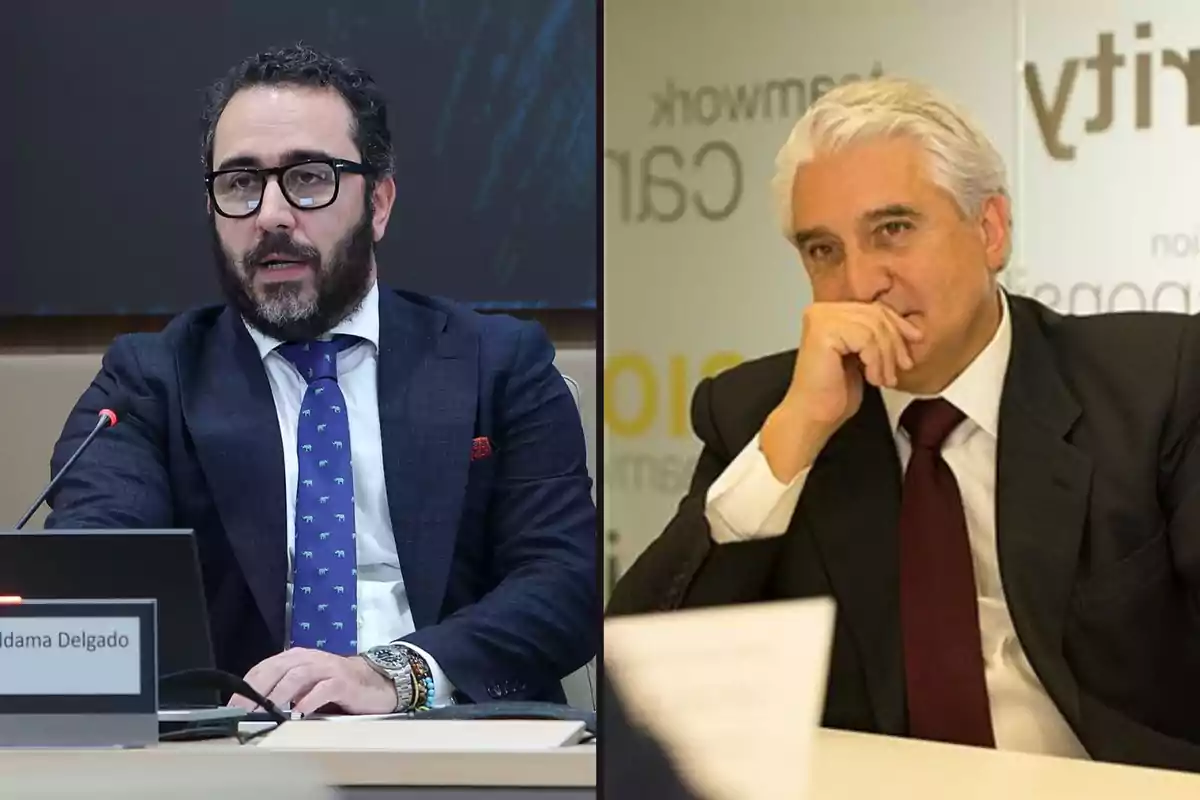 Dos hombres en trajes formales sentados en una mesa durante una reunión o conferencia.