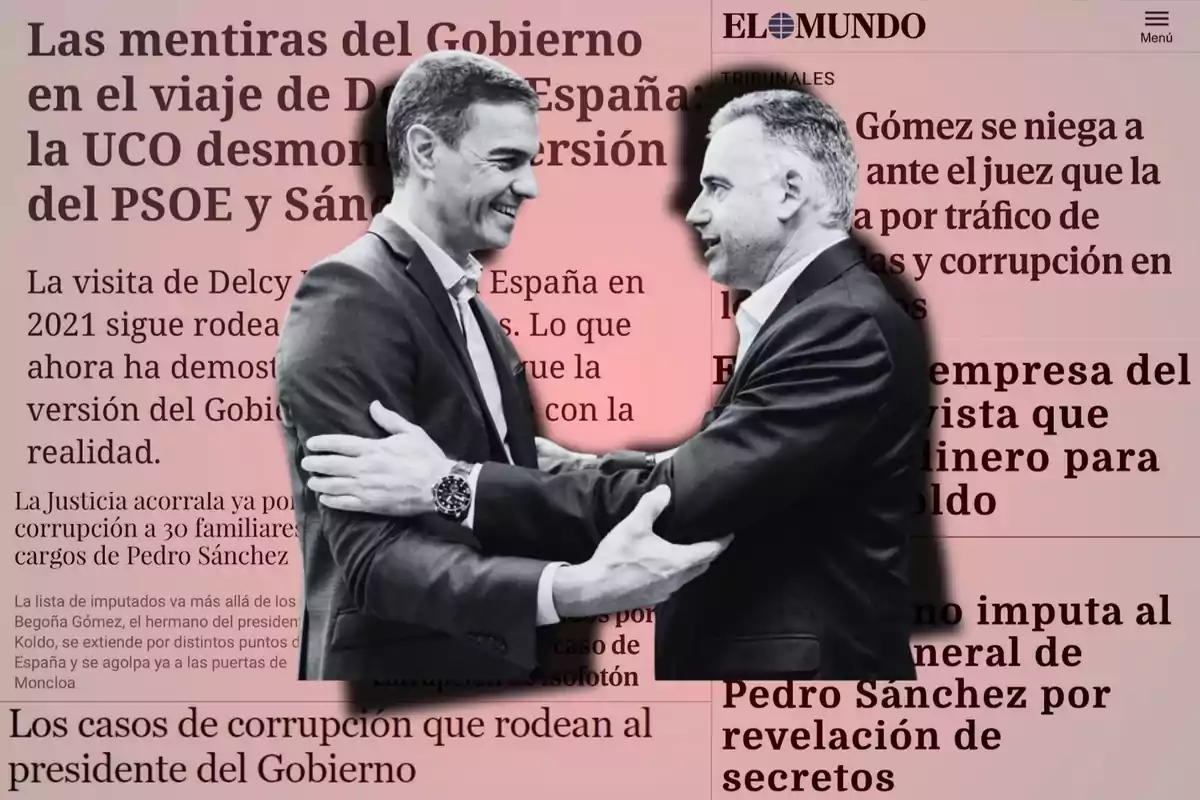 Dos hombres se saludan cordialmente frente a un fondo con titulares de periódico en español que mencionan temas de corrupción y política.