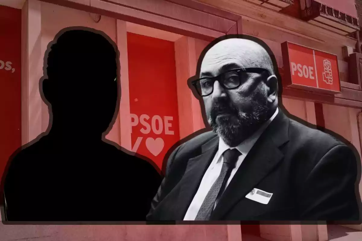 Una figura en silueta y un hombre con barba y gafas en blanco y negro frente a un fondo con el logotipo del PSOE.