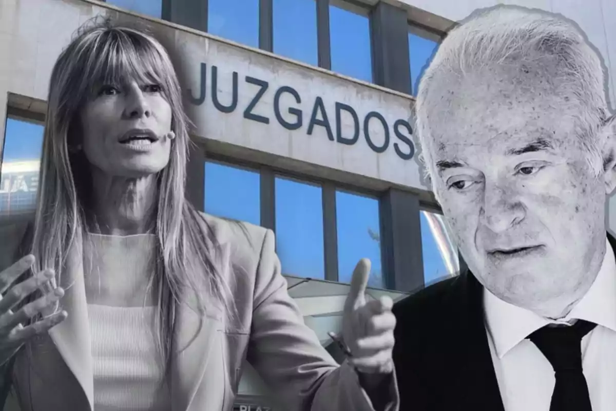 Dos personas en primer plano frente a un edificio con la palabra "Juzgados" en el fondo.