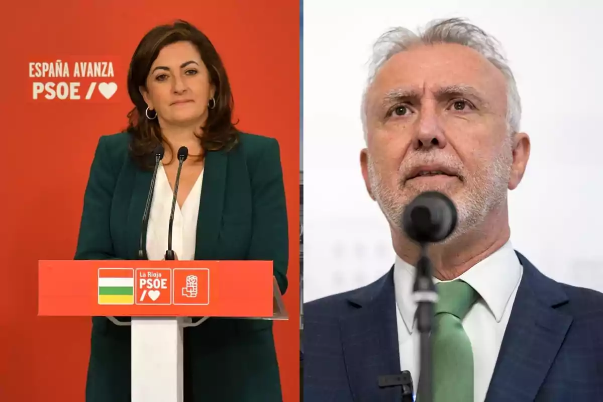 Dos personas en un evento del PSOE, una mujer hablando en un podio y un hombre con traje y corbata verde.