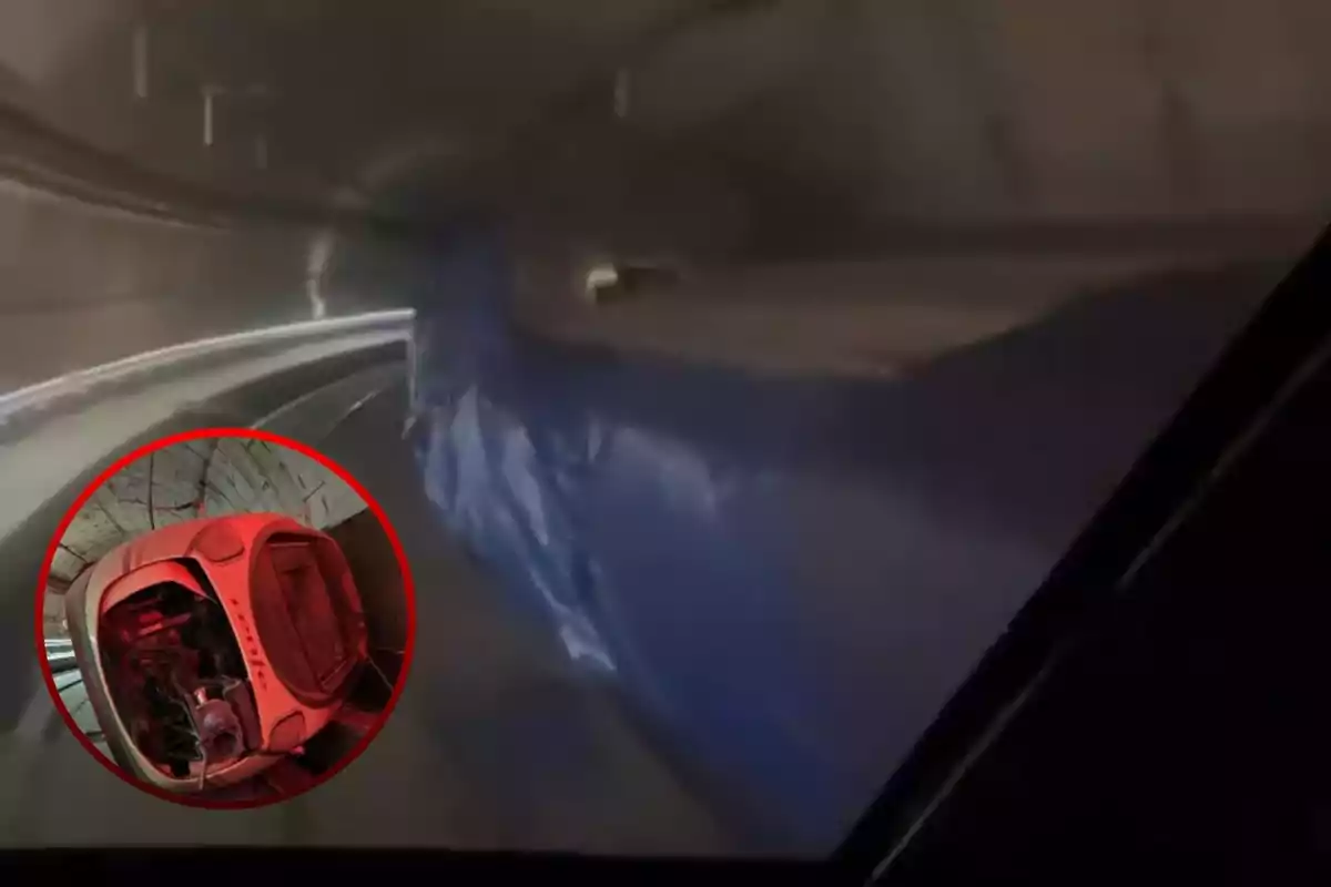 Un coche volcado en un túnel con un círculo rojo resaltando el vehículo.