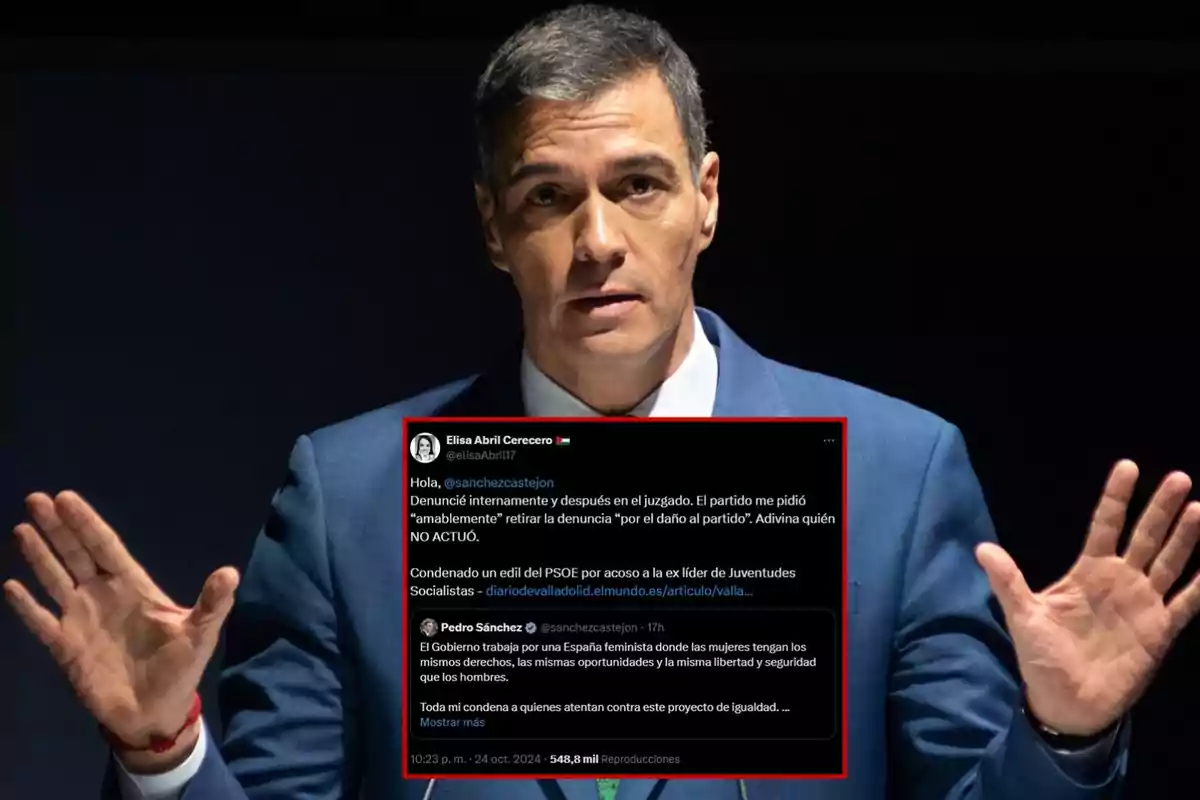 Un hombre con traje oscuro y camisa blanca aparece en la imagen, acompañado de un recuadro que muestra un tuit de Elisa Abril Cerecero mencionando una denuncia interna y judicial, y una respuesta de Pedro Sánchez sobre igualdad y condena al acoso.