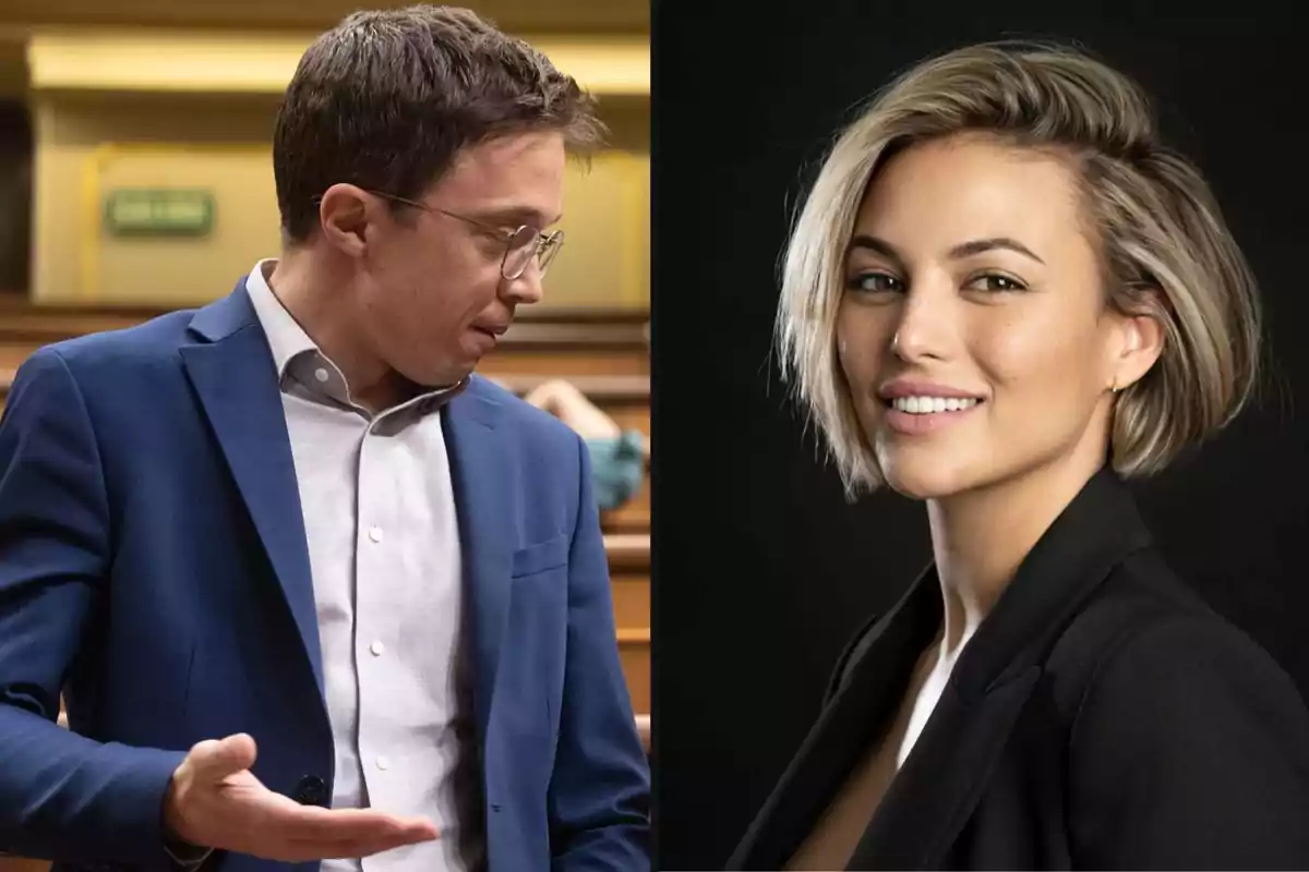 Dos personas en una imagen dividida; a la izquierda, un hombre con gafas y traje azul en un entorno formal; a la derecha, una mujer con cabello corto y rubio sonriendo frente a un fondo oscuro.