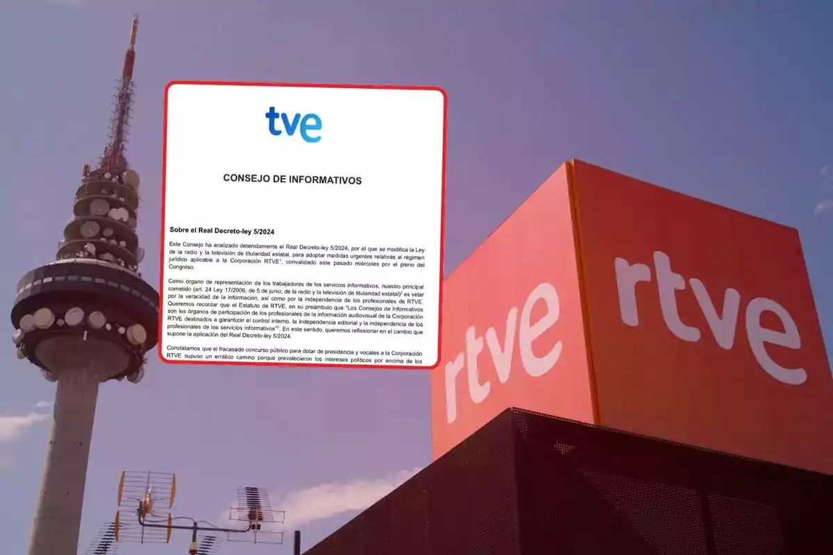 Una torre de telecomunicaciones junto a un edificio con el logotipo de RTVE y un documento del Consejo de Informativos de TVE sobre el Real Decreto-ley 5/2024.