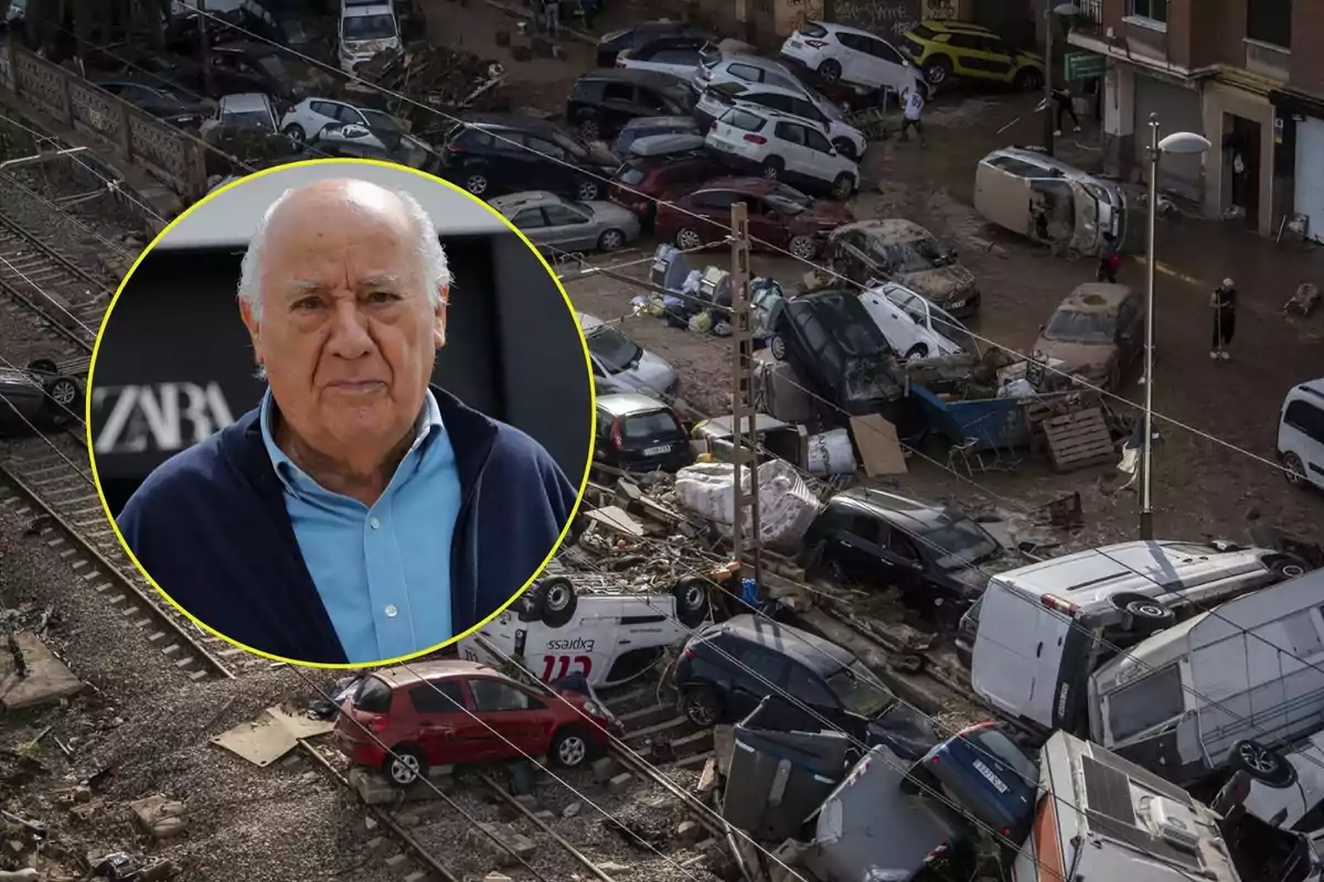 Una imagen muestra una escena de desastre con varios coches dañados y volcados en una calle, mientras que un hombre mayor aparece en un recuadro circular en la parte superior izquierda.