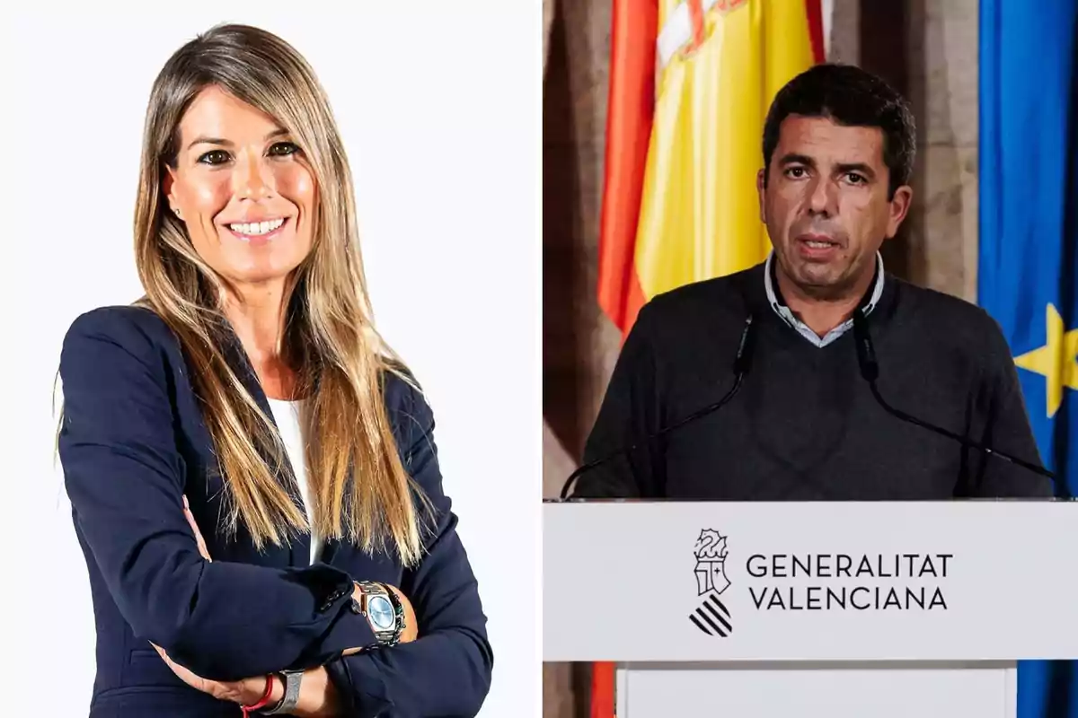 Dos personas en imágenes separadas, una mujer sonriendo con los brazos cruzados y un hombre hablando en un podio con banderas de fondo.