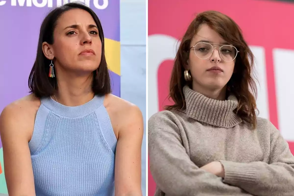 Dos mujeres mirando al frente con expresiones serias, una lleva un suéter azul sin mangas y la otra un suéter de cuello alto beige.