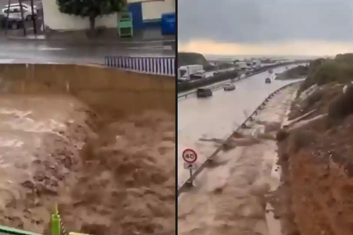 Carreteras inundadas por fuertes lluvias con tráfico afectado y corrientes de agua desbordadas.