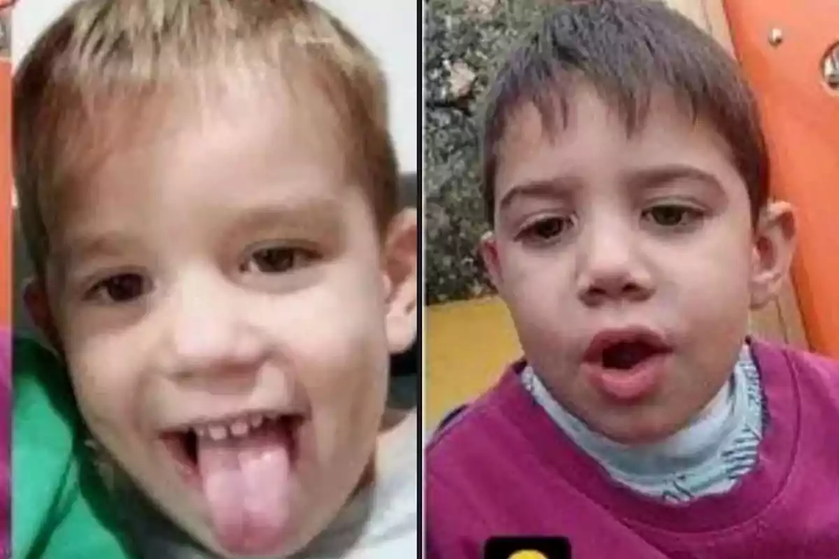 Dos niños pequeños en un collage de fotos, uno sacando la lengua y el otro con la boca abierta.