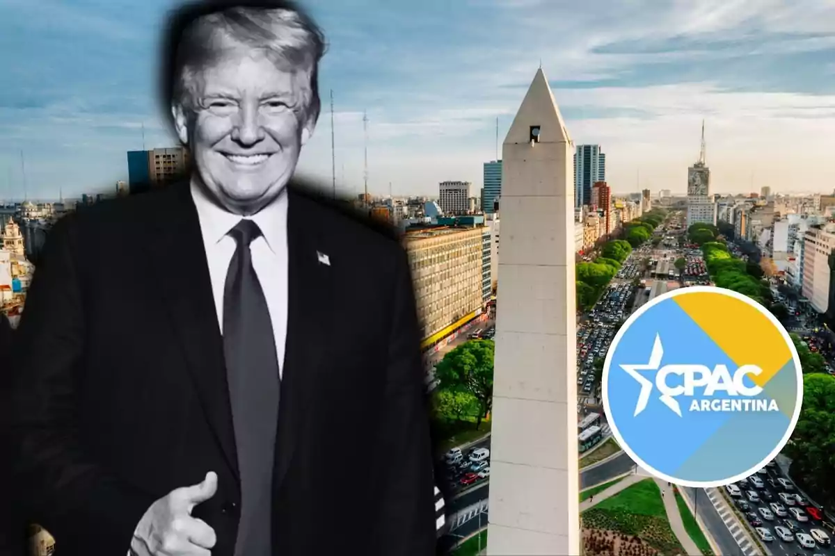 Un hombre sonriente en traje oscuro aparece junto al Obelisco de Buenos Aires con el logo de CPAC Argentina en primer plano.