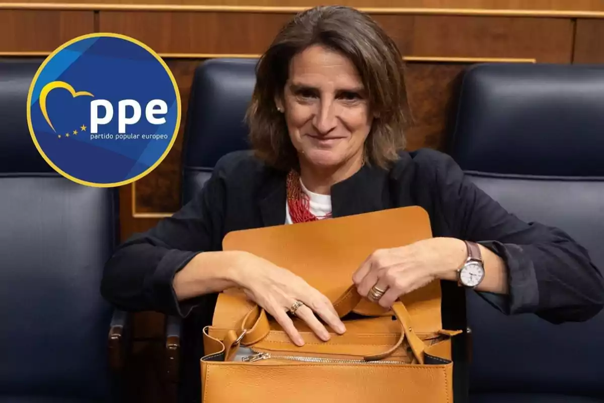 Una persona sentada en un entorno formal con un bolso marrón y un logotipo del Partido Popular Europeo en la esquina.