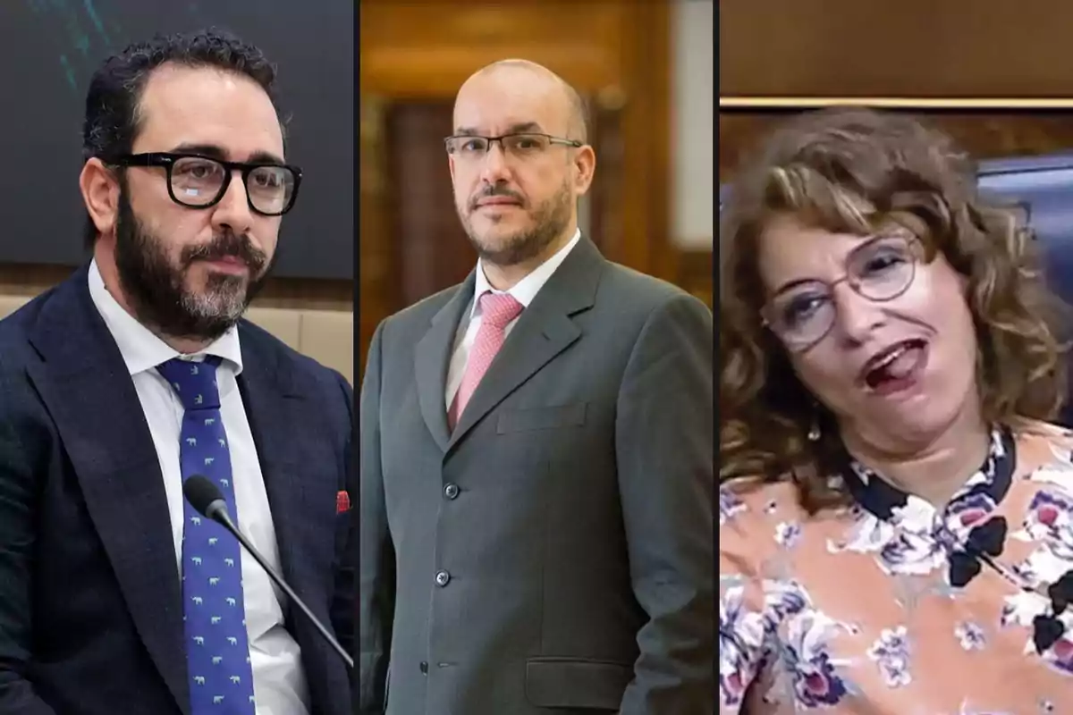 Tres personas en una imagen dividida en tres secciones, cada una con un fondo diferente, dos hombres con traje y una mujer con blusa floral.