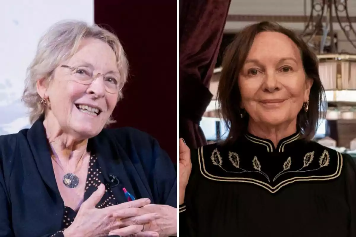 Dos mujeres mayores sonríen en un montaje de fotos, una lleva gafas y un collar, la otra viste una blusa negra con bordados.