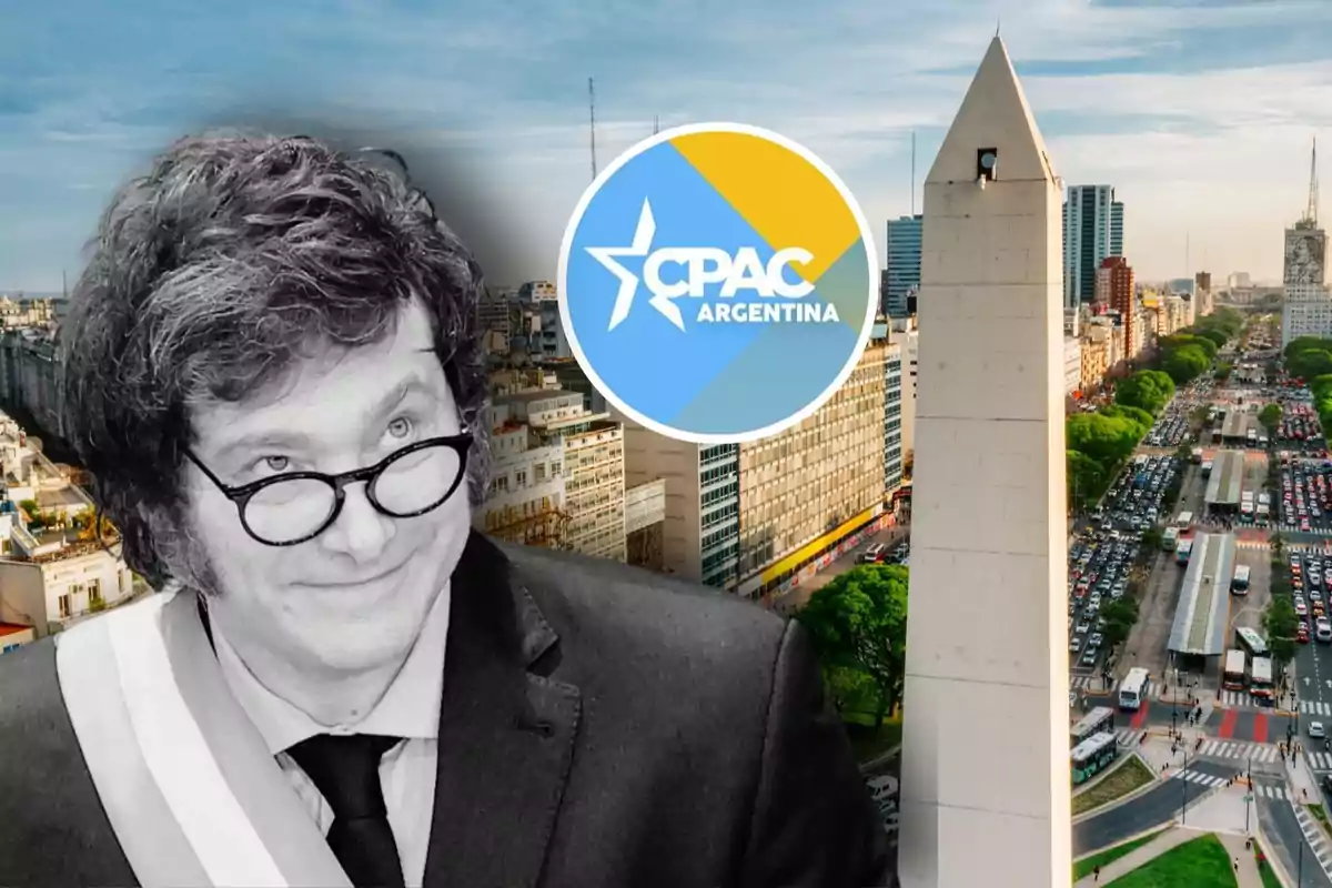 Una persona con gafas y una banda presidencial en blanco y negro junto al logo de CPAC Argentina y el Obelisco de Buenos Aires al fondo.