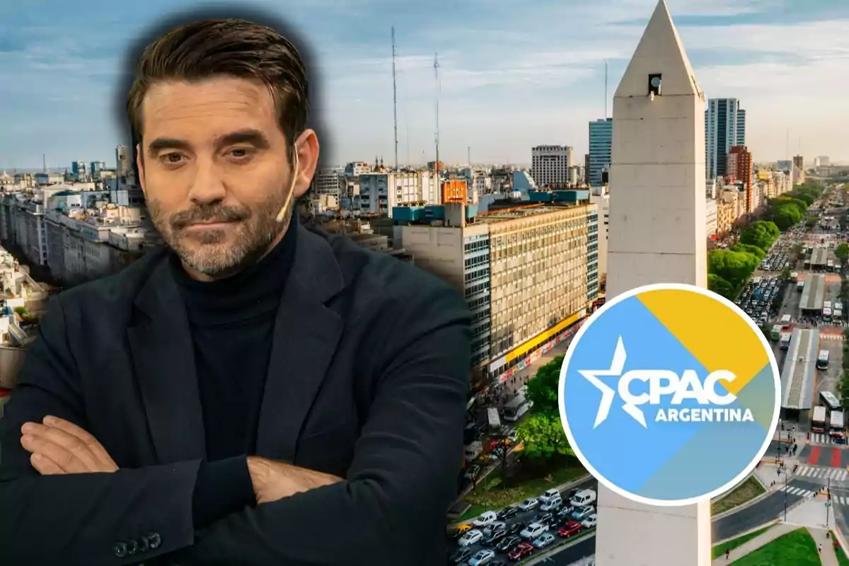 Un hombre con barba y micrófono en la oreja aparece frente a un fondo urbano con el Obelisco de Buenos Aires y el logo de CPAC Argentina.