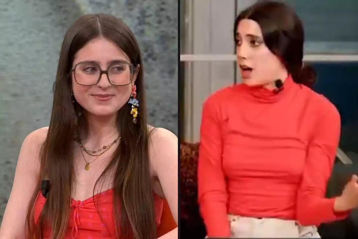 Dos mujeres en un programa de televisión, ambas con ropa roja; la mujer de la izquierda lleva gafas grandes y pendientes coloridos, mientras que la mujer de la derecha tiene el cabello recogido y está hablando.