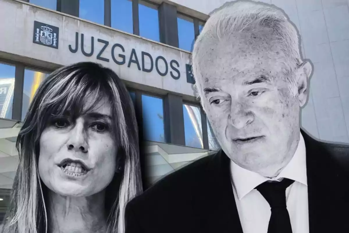 Dos personas en primer plano con un edificio de juzgados de fondo.