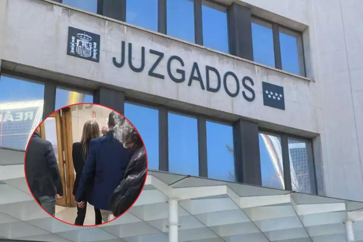 Fachada de un edificio de juzgados con un recuadro que muestra a varias personas entrando.