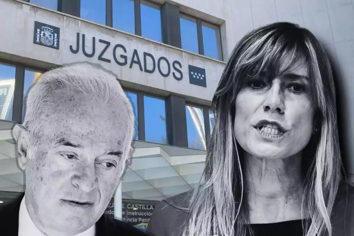 Dos personas en primer plano frente a un edificio con el letrero "Juzgados".