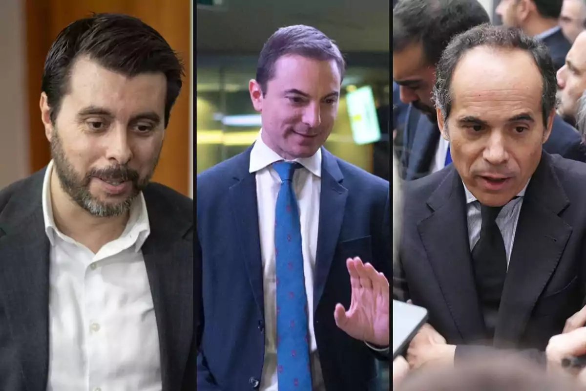 Tres hombres en trajes formales en un entorno profesional.