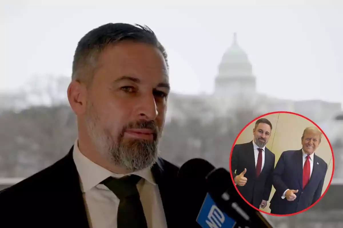 Un hombre con barba y traje oscuro habla frente a un micrófono, con una imagen insertada de dos personas sonriendo y levantando el pulgar.