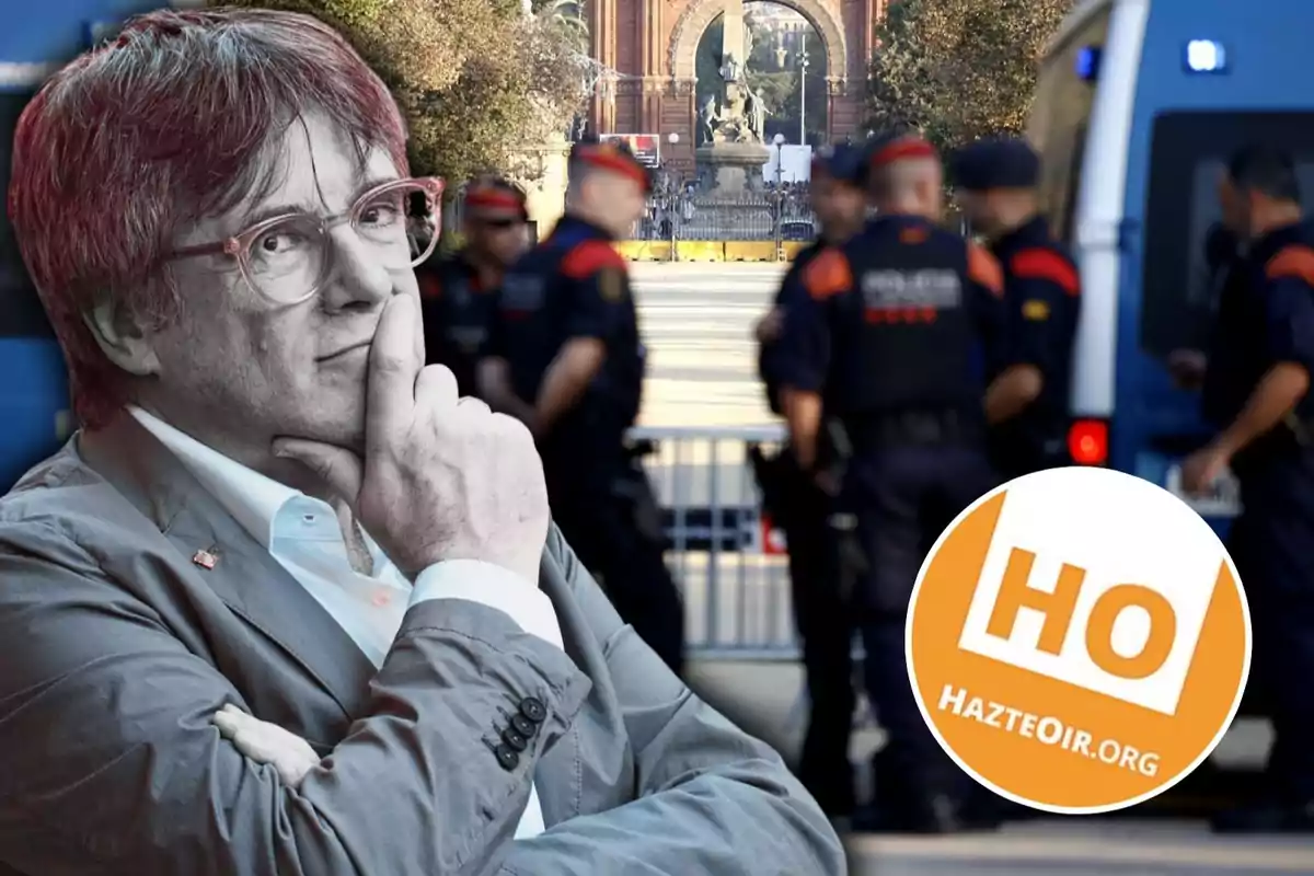 Un hombre con gafas y expresión pensativa está superpuesto sobre una escena de policías frente a un arco monumental, con un logotipo de HazteOir.org en la esquina.