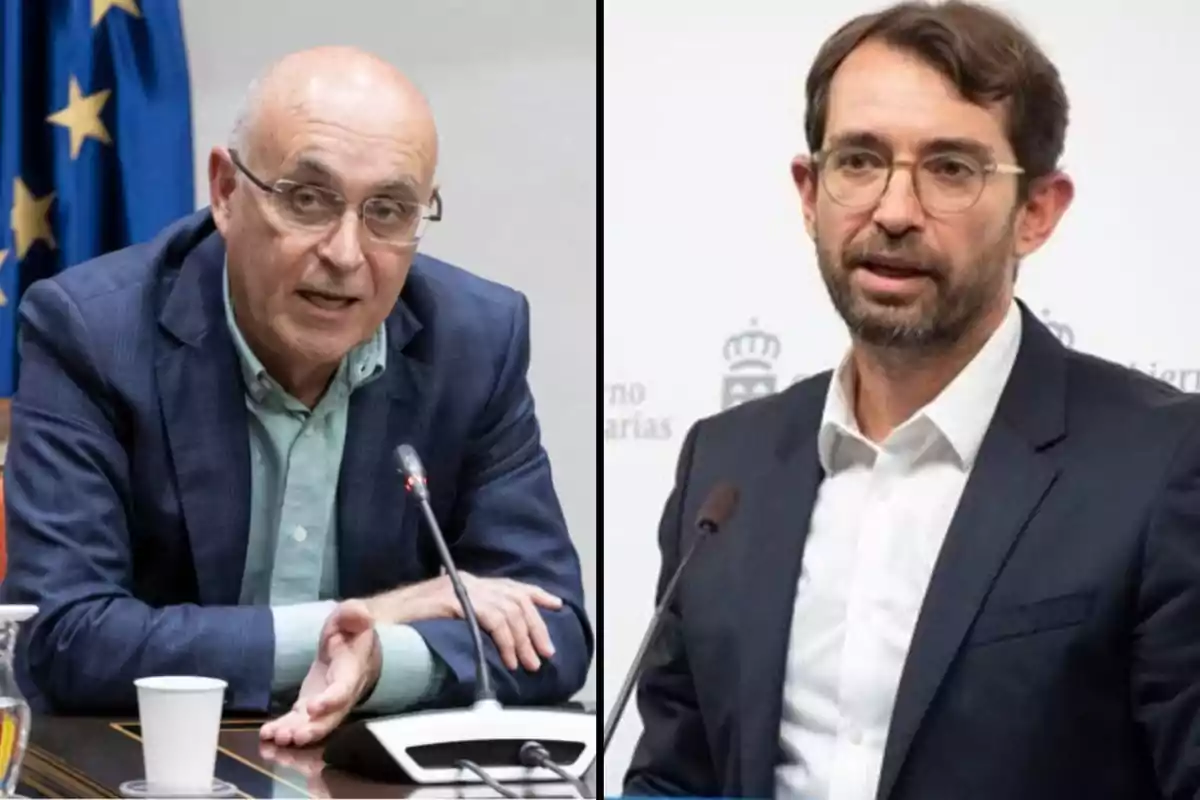 Dos hombres en una conferencia de prensa, uno con chaqueta azul y camisa verde, el otro con traje oscuro y camisa blanca, ambos frente a micrófonos.