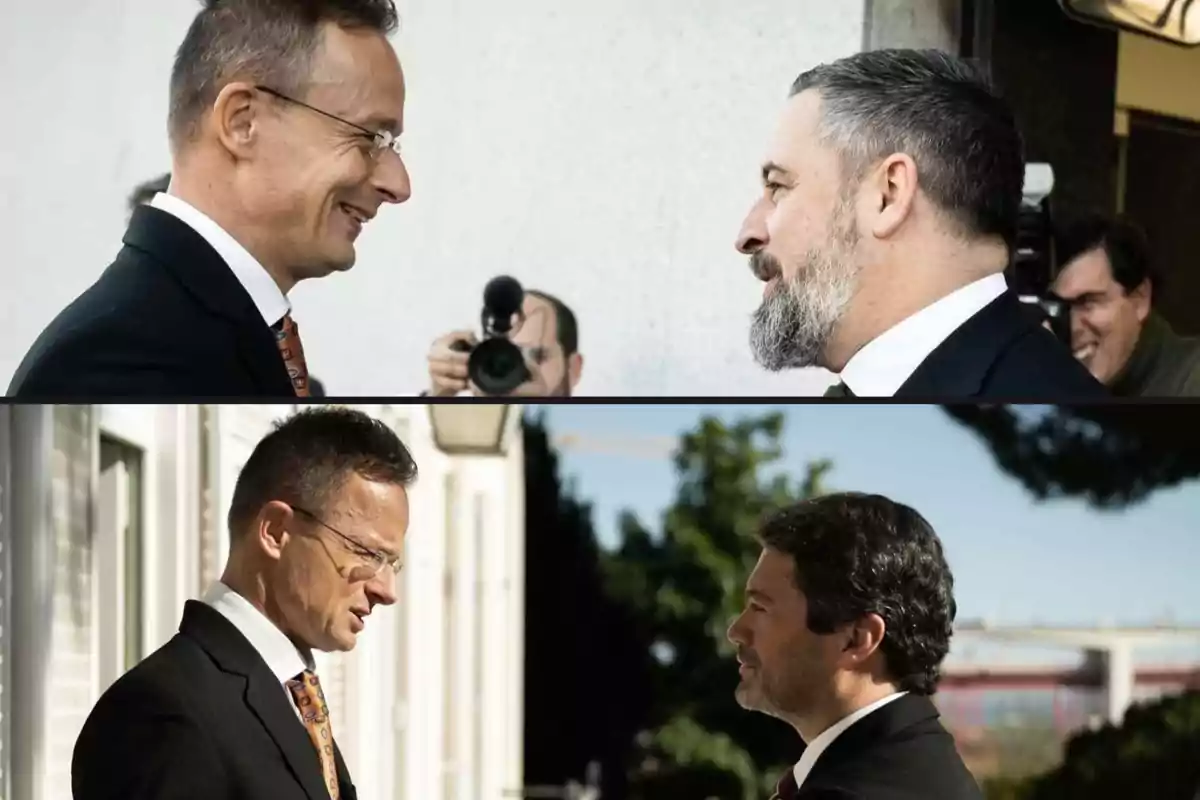 Two images show two men in suits conversing outdoors, with photographers capturing the moment.