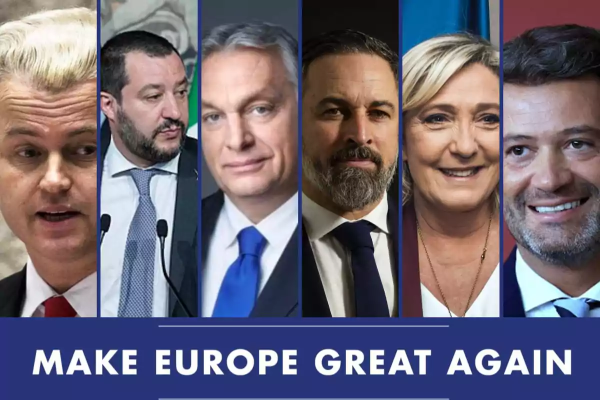 A collage of six people in formal suits on a blue background with the text "MAKE EUROPE GREAT AGAIN".