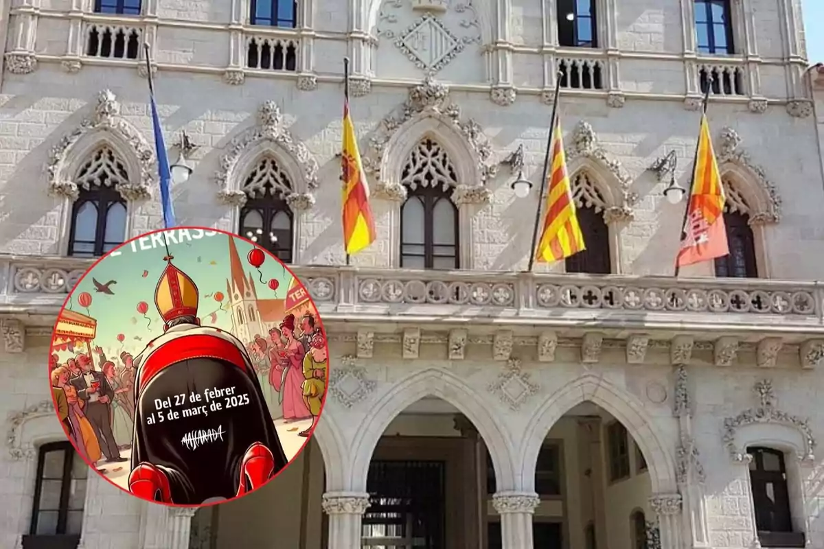 Historic building with flags on the facade and a circular sign in the foreground announcing an event from February 27 to March 5, 2025.