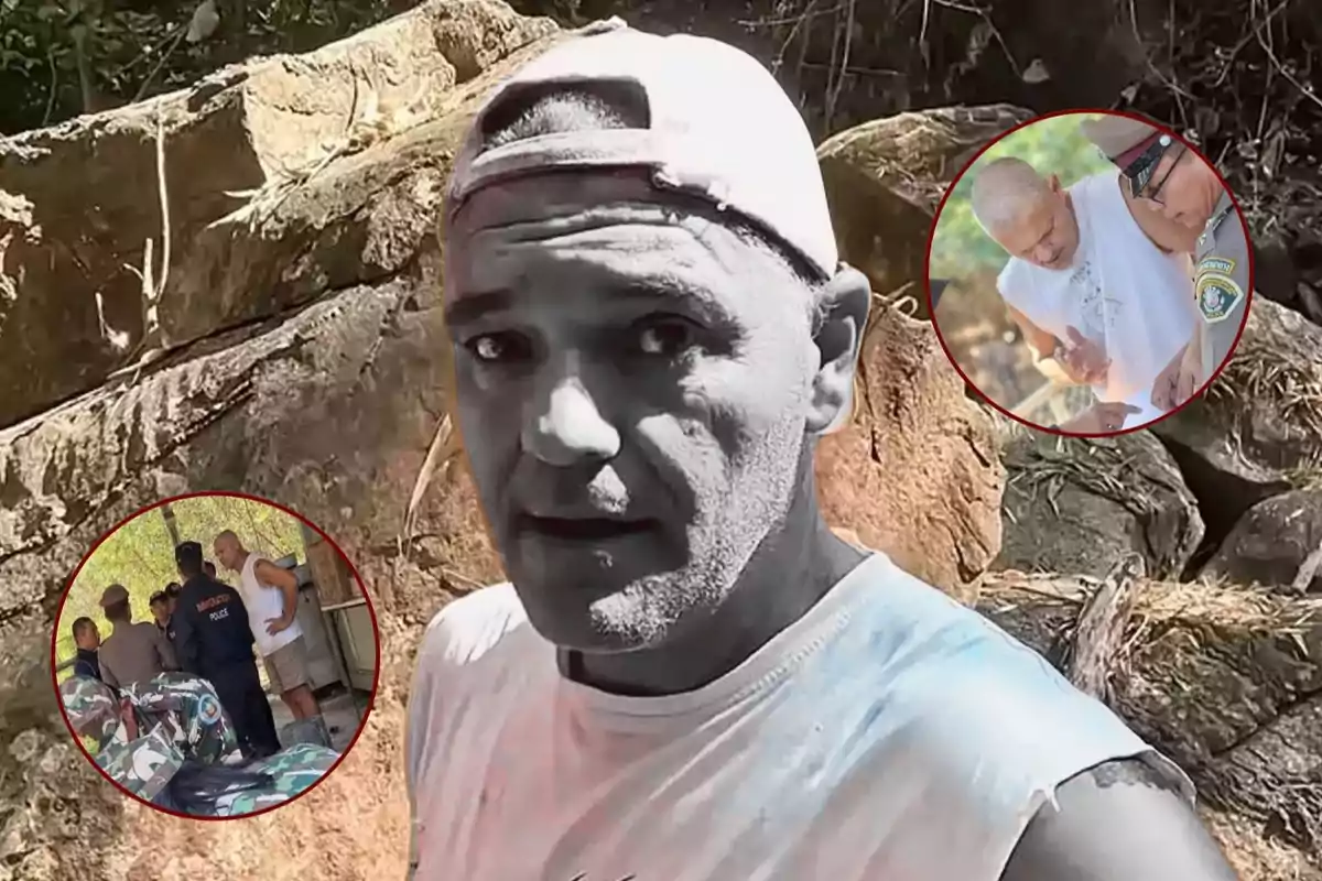 Un hombre con gorra al revés está en un entorno natural con rocas, y hay dos imágenes circulares superpuestas que muestran interacciones con otras personas.