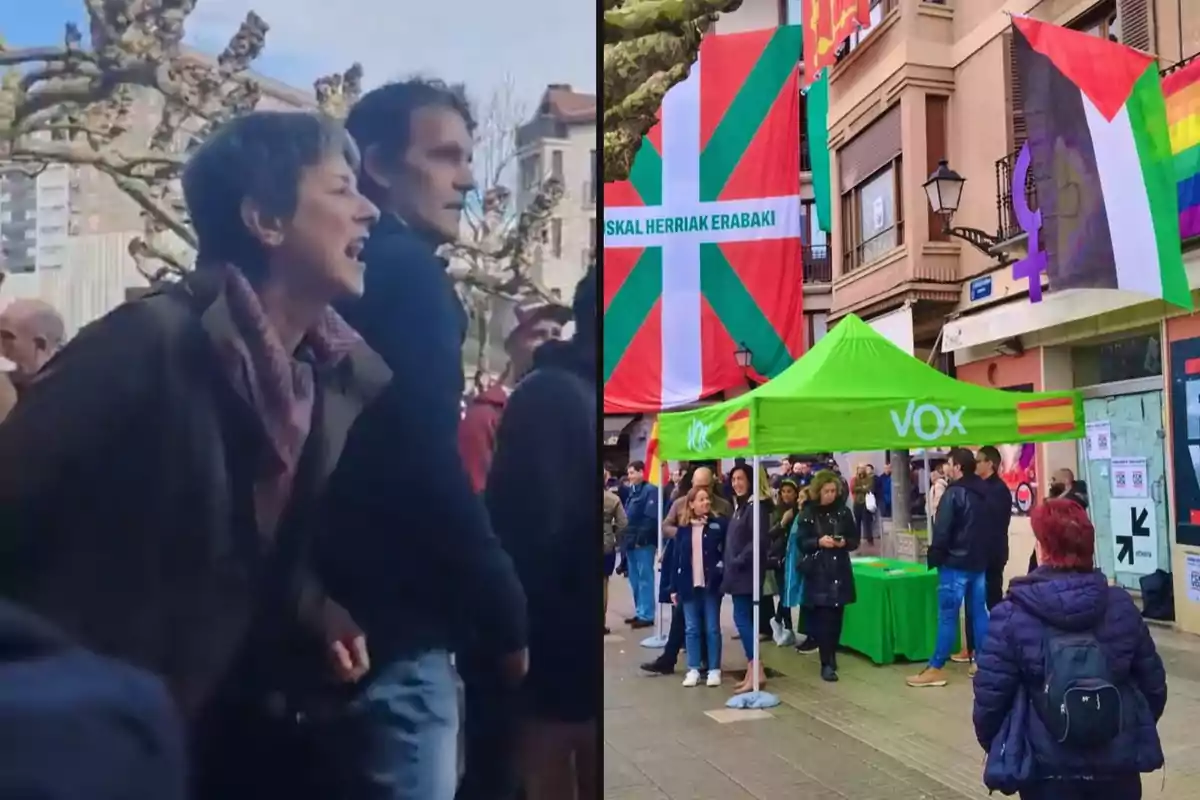 An image split into two parts shows people participating in a demonstration or outdoor event; on the left, a woman appears to be shouting, while on the right, there is a group of people gathered under a green tent with the logo of a political party, with flags and banners visible in the background.