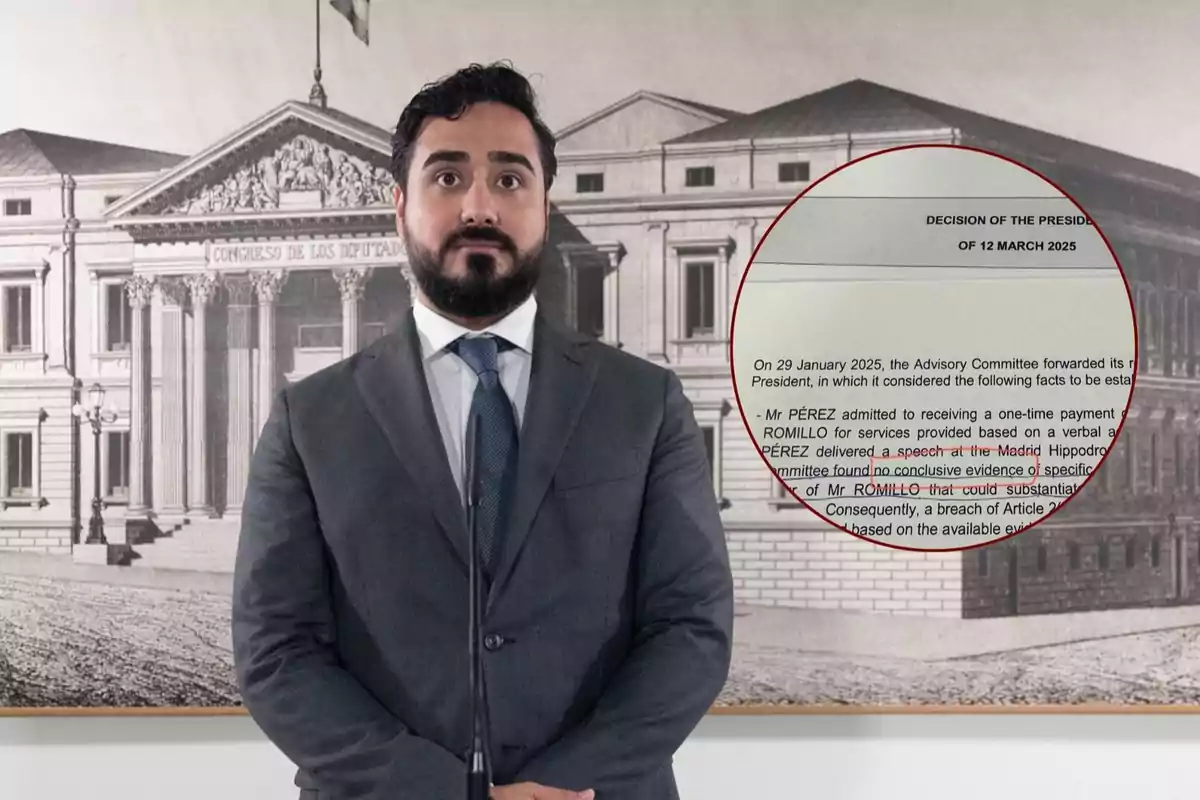 Un hombre con barba y traje oscuro está de pie frente a una imagen en blanco y negro de un edificio con columnas, a su lado hay un documento ampliado con texto en inglés.