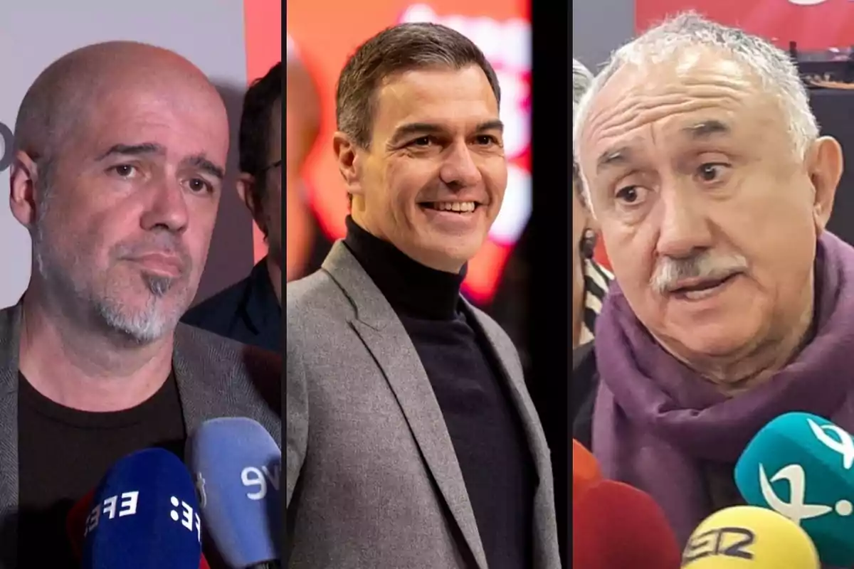 Tres hombres en diferentes imágenes, cada uno frente a micrófonos de prensa.