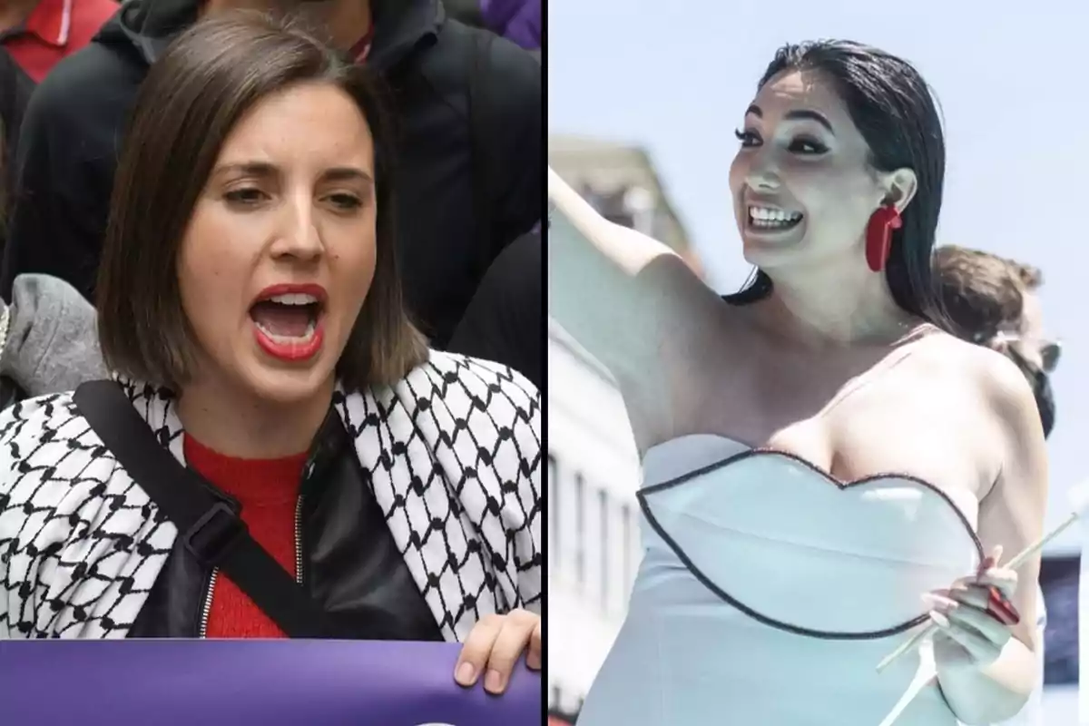Dos mujeres en diferentes situaciones, una hablando apasionadamente y la otra sonriendo y saludando.