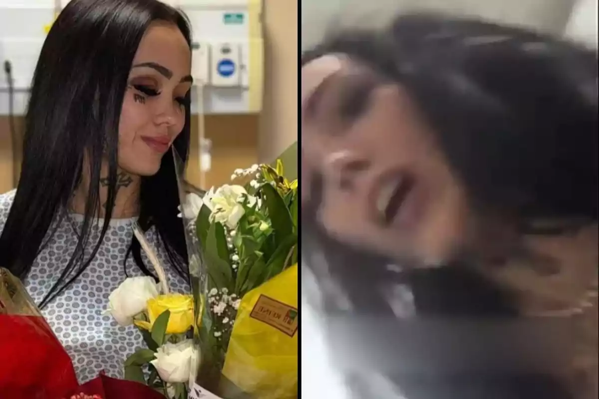 Una mujer con cabello oscuro sostiene un ramo de flores mientras sonríe y en la otra imagen aparece con una expresión diferente.