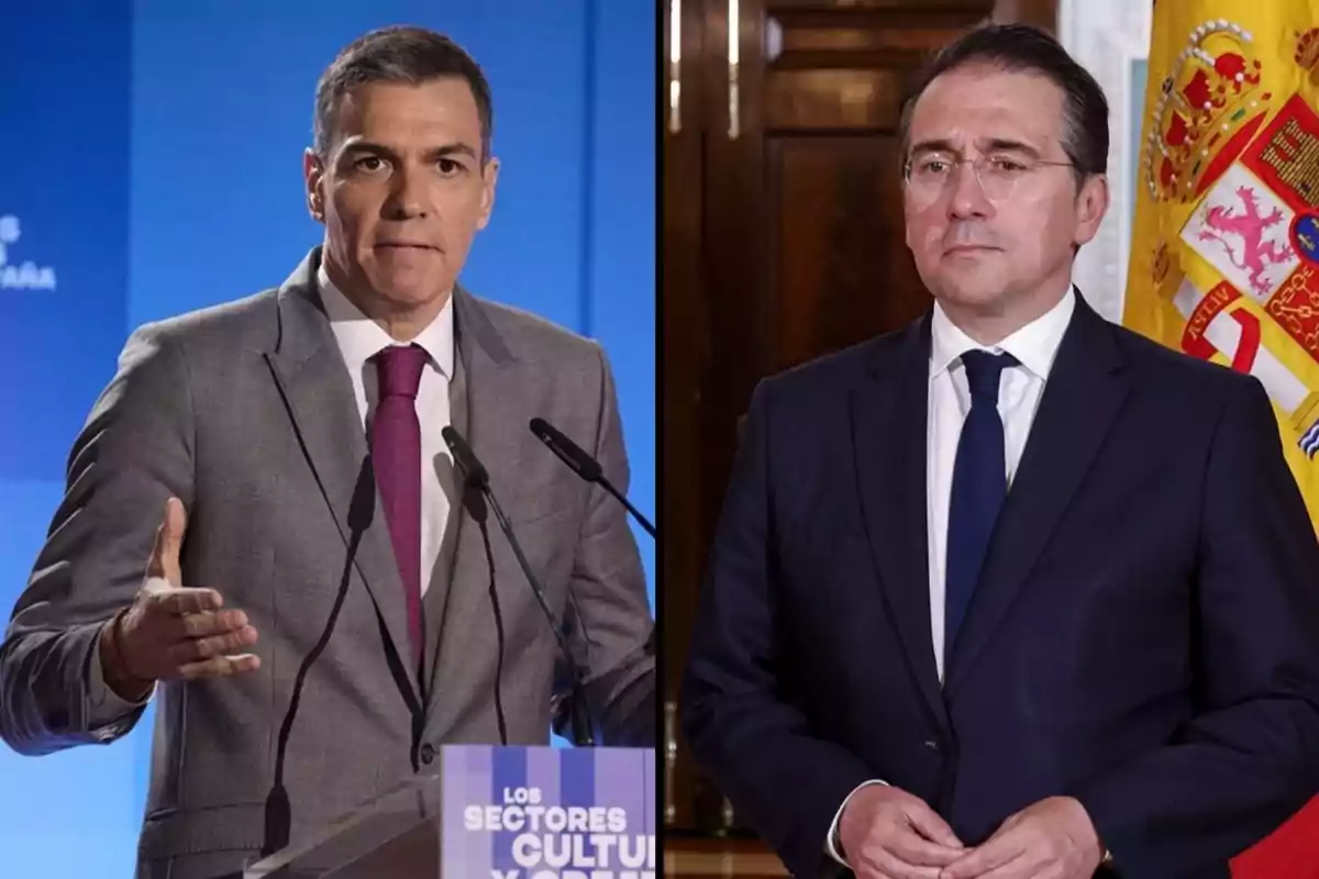 Dos hombres con traje posan en diferentes escenarios uno frente a un fondo azul y el otro junto a una bandera de España