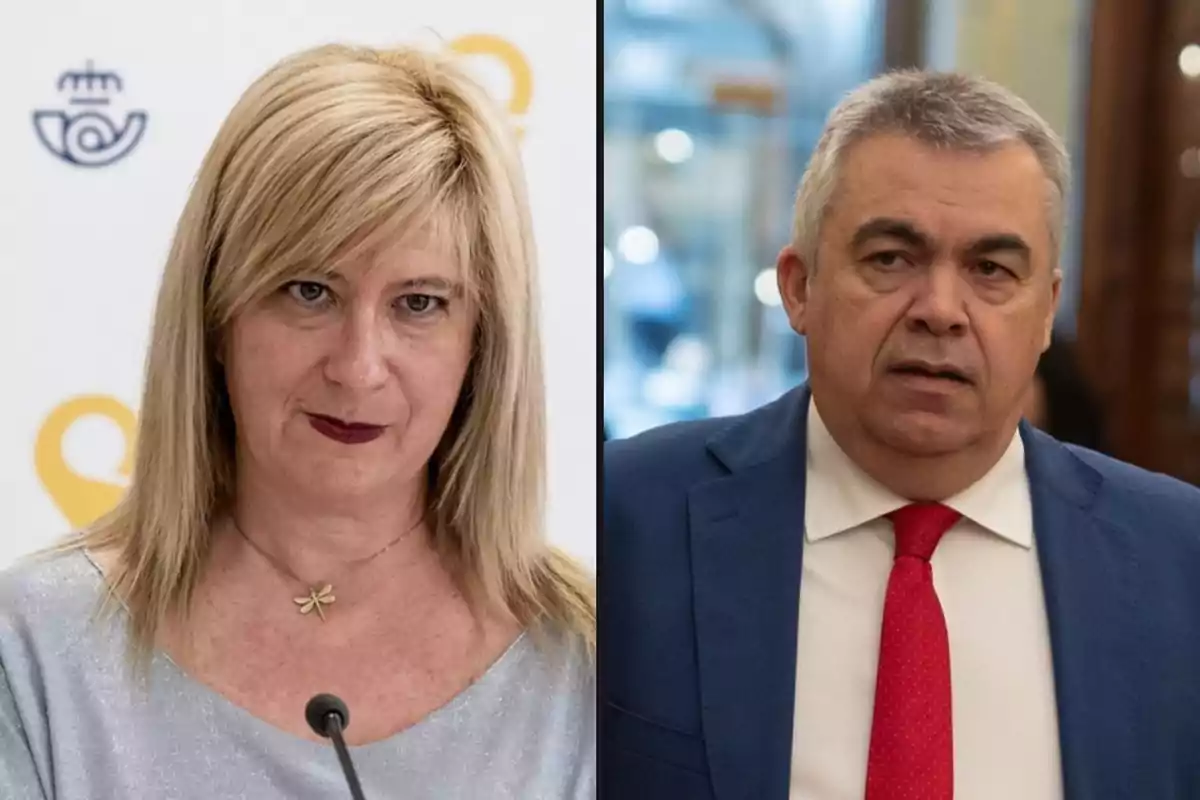 Dos personas posan en retratos separados, una mujer rubia con collar y un hombre de cabello canoso con traje azul y corbata roja.