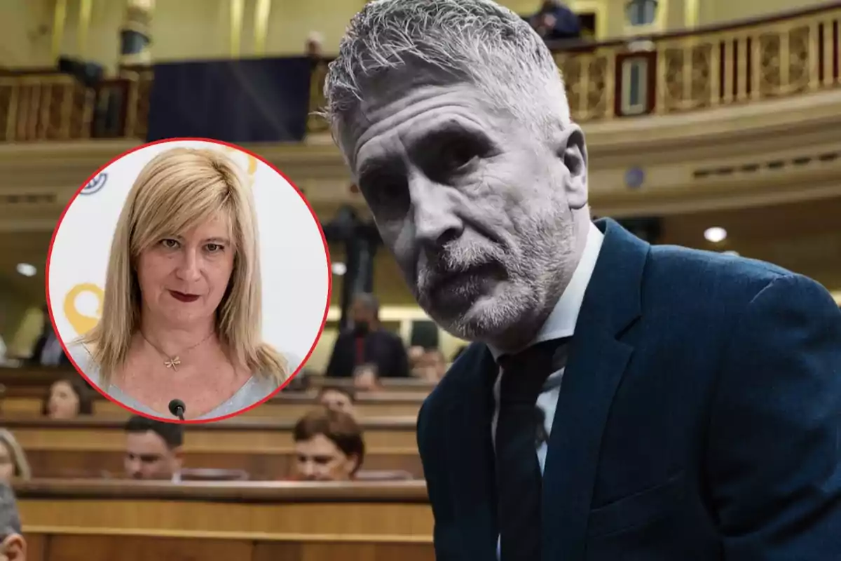 Un hombre de cabello canoso y barba en primer plano dentro de un recinto parlamentario con una imagen circular de una mujer rubia en el fondo