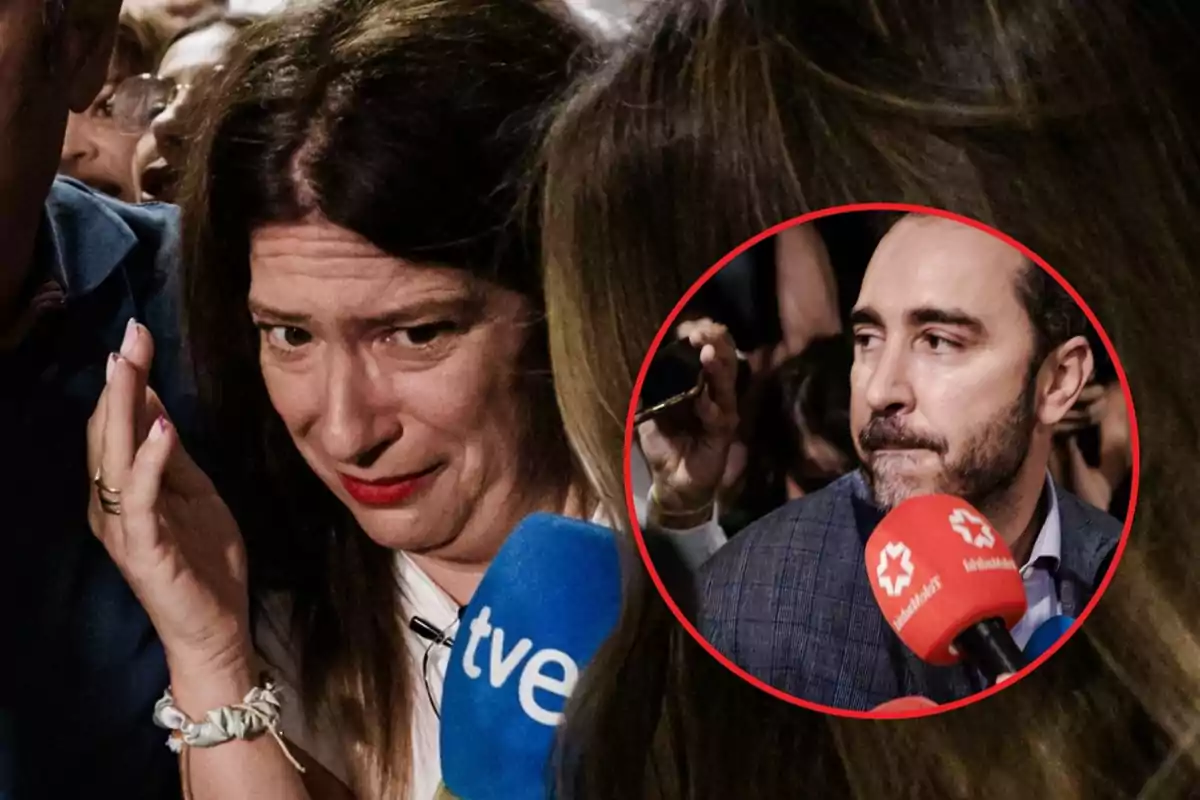Una mujer con expresión preocupada es entrevistada por la prensa mientras un hombre aparece en un recuadro circular también rodeado de micrófonos de diferentes medios de comunicación.