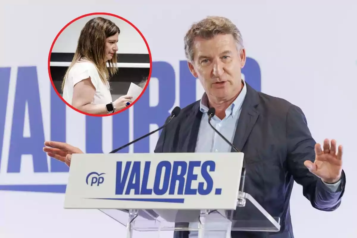 Hombre hablando en un atril con la palabra VALORES y el logo del PP mientras una mujer aparece en un círculo rojo en la esquina superior izquierda