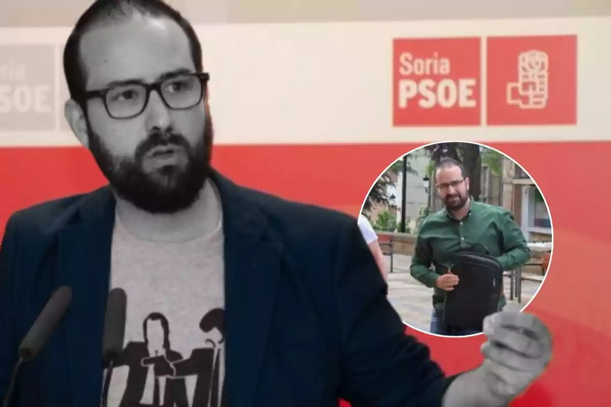 Hombre con barba y gafas hablando frente a un fondo rojo con el logo de Soria PSOE y un recuadro circular mostrando al mismo hombre con camisa verde sosteniendo una mochila negra