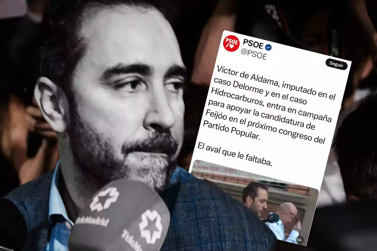 Un hombre con barba es entrevistado por varios medios mientras al fondo se muestra un tuit del PSOE mencionando a Víctor de Aldama y su implicación en casos judiciales.