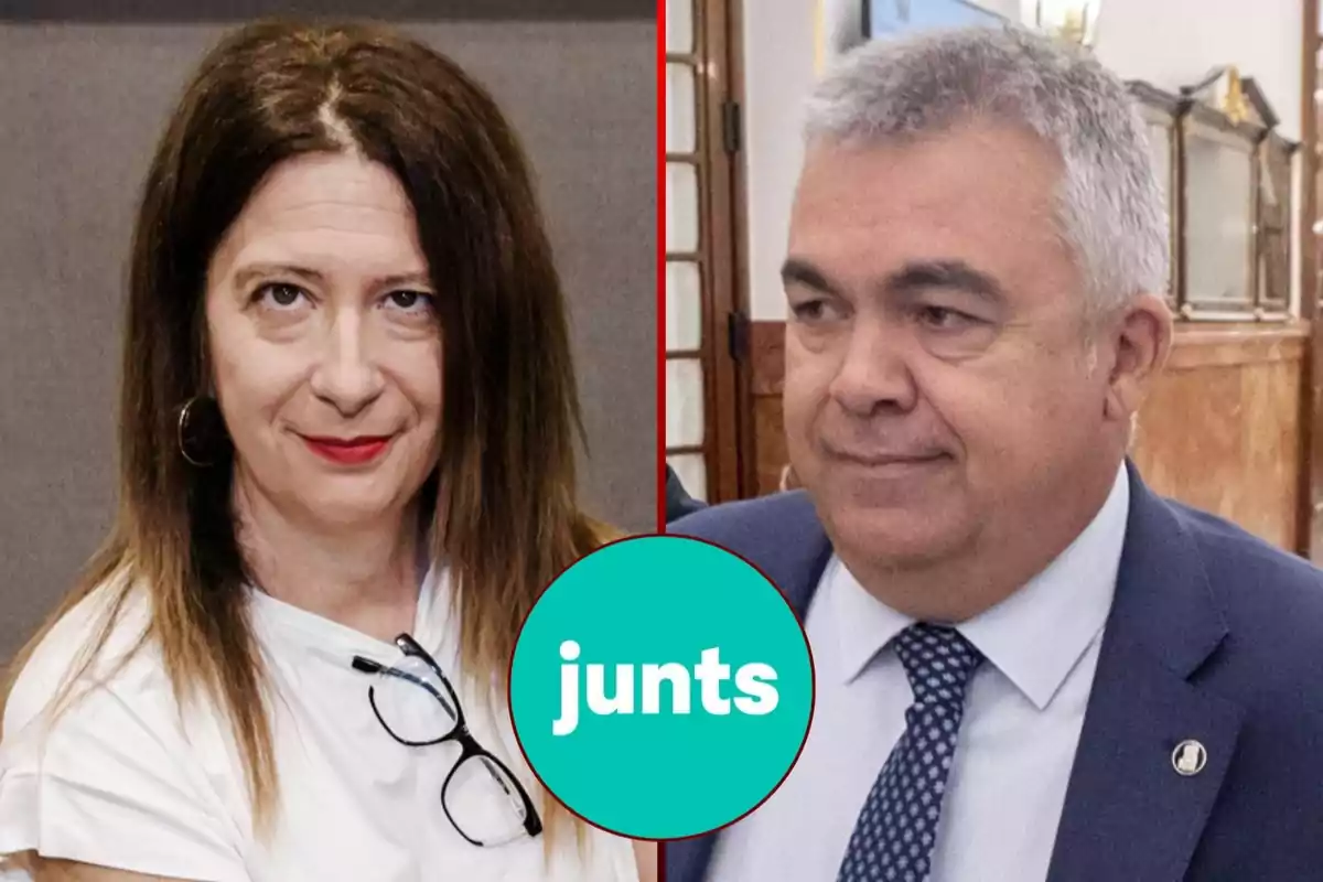 Dos personas, una mujer y un hombre, aparecen en una imagen dividida por una línea roja con el logo de junts en el centro.
