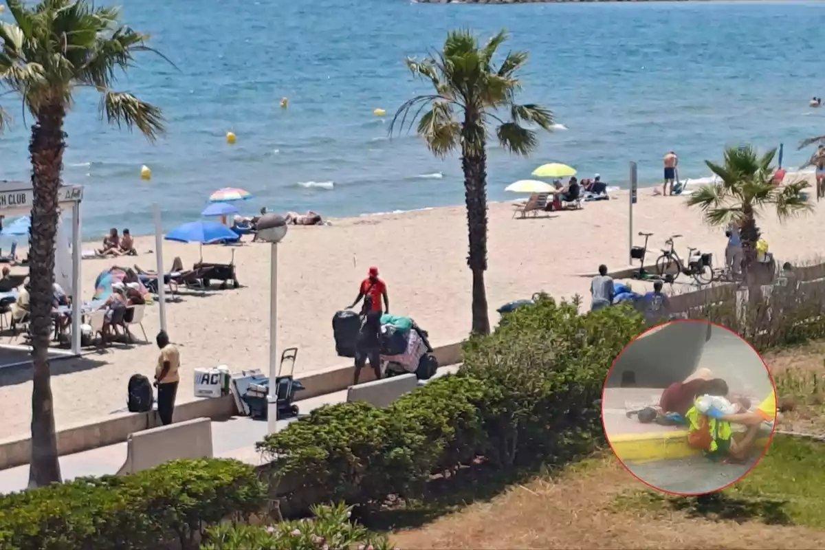 Personas disfrutando de un día soleado en la playa con sombrillas de colores y palmeras, mientras en primer plano se observa a un vendedor ambulante y en una esquina una imagen ampliada muestra a dos personas sentadas en la acera