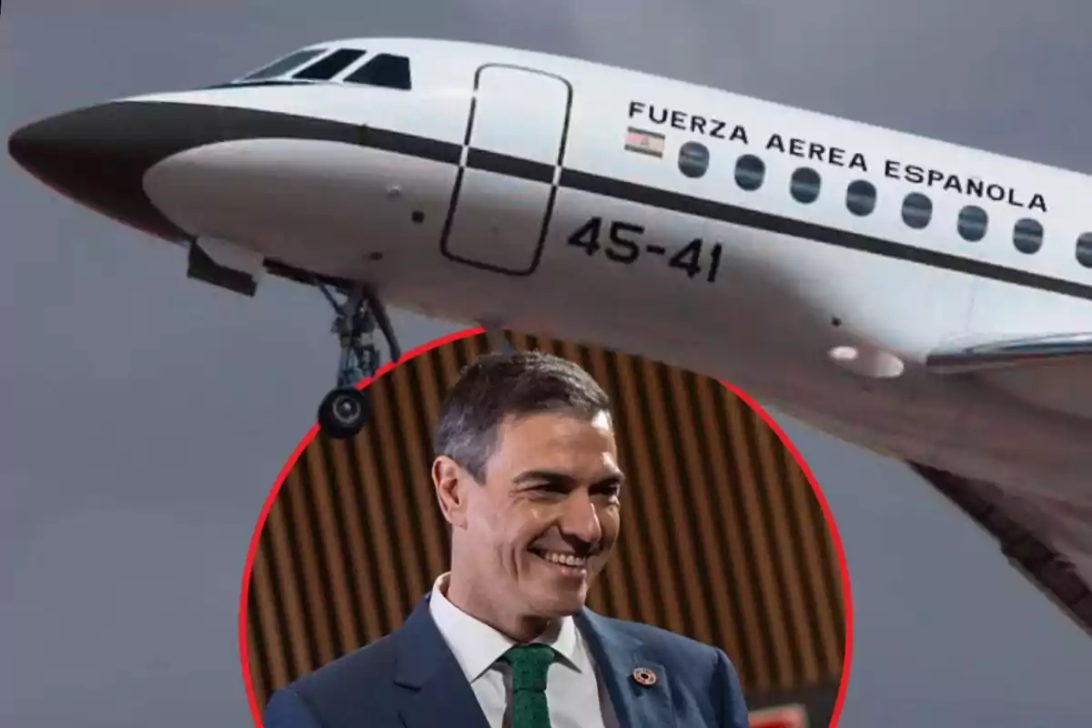 Un avión de la Fuerza Aérea Española en vuelo y un hombre sonriente en primer plano dentro de un círculo rojo.