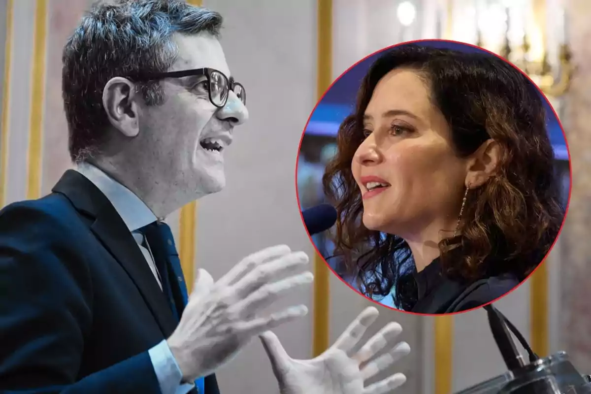 Un hombre con gafas y traje hablando gesticulando con las manos y una imagen circular superpuesta de una mujer de cabello ondulado hablando frente a un micrófono.