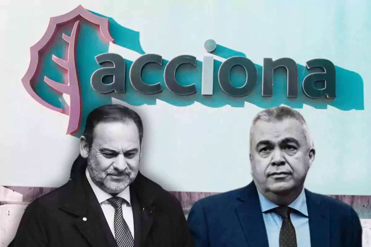 Dos hombres con expresión seria aparecen frente al logotipo de la empresa Acciona