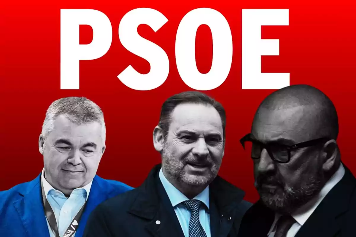 Tres hombres en primer plano con fondo rojo y las letras PSOE en grande sobre ellos